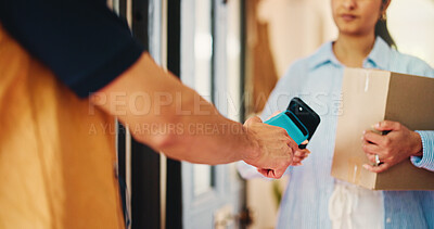 Buy stock photo People, hands or delivery with pos machine, phone or box for ecommerce or shipping payment in home. Female person, customer or courier service with mobile smartphone for wireless transaction or order