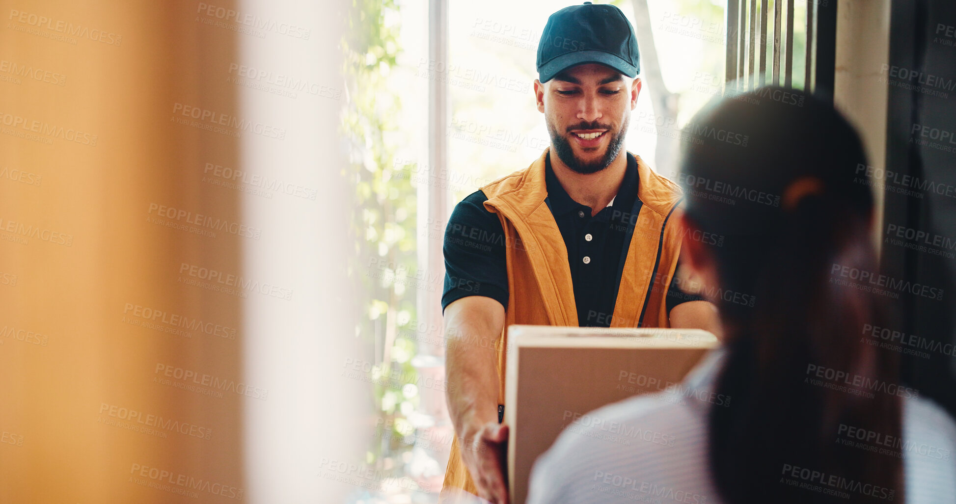 Buy stock photo Happy man, delivery or door with box for shipping, online order or customer service in home. Male person, courier guy or smile with parcel, package or cargo for logistics, ecommerce or transportation