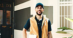 Portrait, delivery man or happy with clipboard at house for distribution, transport service or logistics. Supply chain, courier and smile with checklist outdoor for shipping compliance and about us