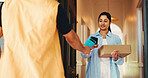Woman, delivery and phone with pos machine, box or payment for ecommerce or online order in home. Female person, customer or courier guy with mobile smartphone transaction for door package or parcel