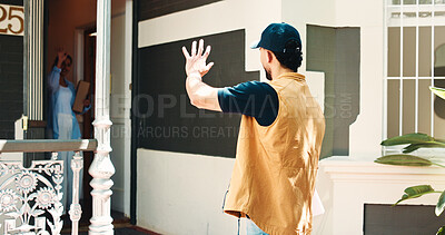 Buy stock photo Delivery man, wave and goodbye to customer with package for distribution, thank you and shipping. Supply chain, courier or greeting woman at house for parcel safety, transport service or online order