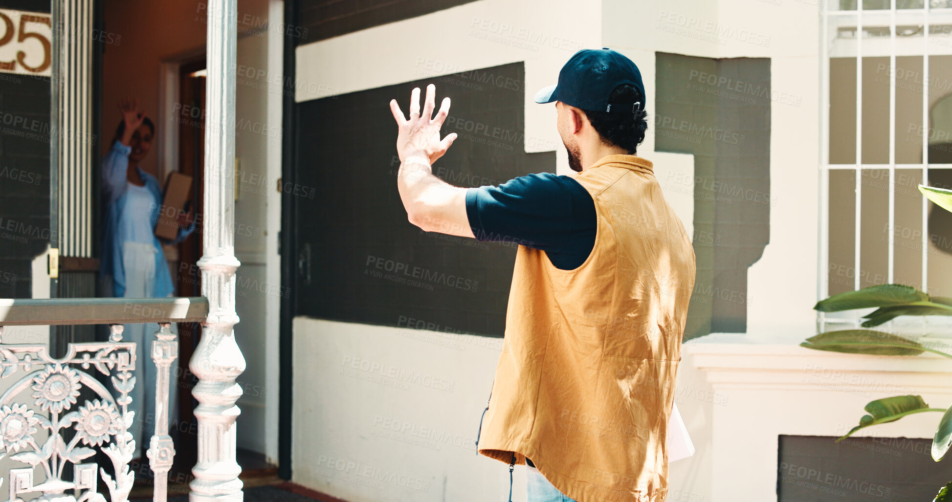 Buy stock photo Delivery man, wave and goodbye to customer with package for distribution, thank you and shipping. Supply chain, courier or greeting woman at house for parcel safety, transport service or online order