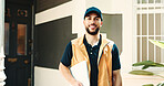 Portrait, delivery man or front door with clipboard at house for distribution, about us or logistics. Supply chain, courier and happy with invoice outdoor for shipping compliance or transport service
