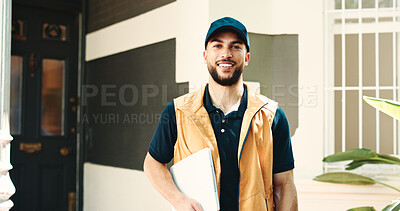 Buy stock photo Portrait, delivery man or front door with clipboard at house for distribution, about us or logistics. Supply chain, courier and happy with invoice outdoor for shipping compliance or transport service