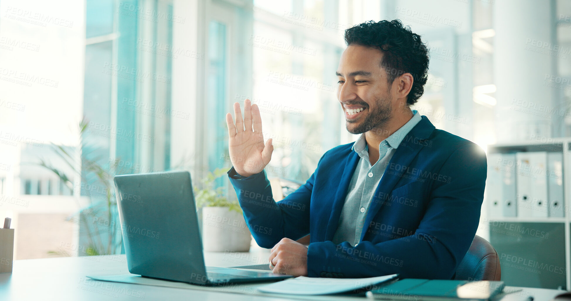 Buy stock photo Laptop, businessman or wave in office for video call, introduction or greeting for virtual meeting. Online training, digital workshop or happy speaker with tech for discussion, education or webinar