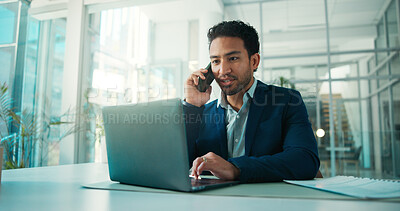 Buy stock photo Finance, laptop and phone call with business man at desk in glass office for accounting feedback. Computer, conversation and investment management with broker in financial workplace for review