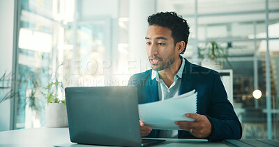 Buy stock photo Document, accountant and business man on laptop for sales revenue, reading report and issue. Computer, paperwork and auditor check information, profit comparison or financial bookkeeping in office