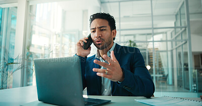 Buy stock photo Phone call, communication or man with laptop in office, verify details or application review update. Credit history, banking advice or loan officer speaking with client for evaluation, tech or denial