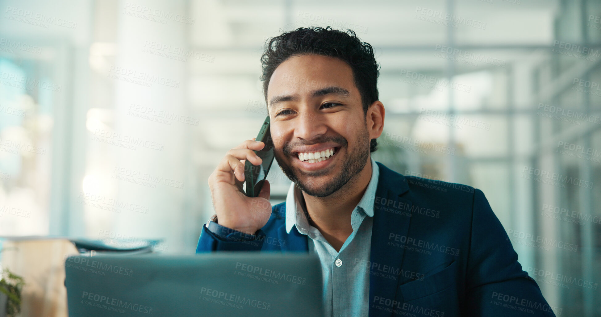 Buy stock photo Phone call, discussion or man with laptop for consultation, verify details or application review update. Credit evaluation, banking advice or loan officer smile for client contact, approval or tech