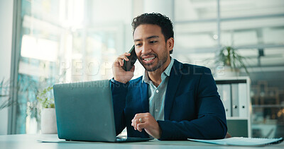 Buy stock photo Phone call, communication or man with laptop for consultation, verify details or application review update. Credit history, banking advice or loan officer talk for client options, evaluation or tech