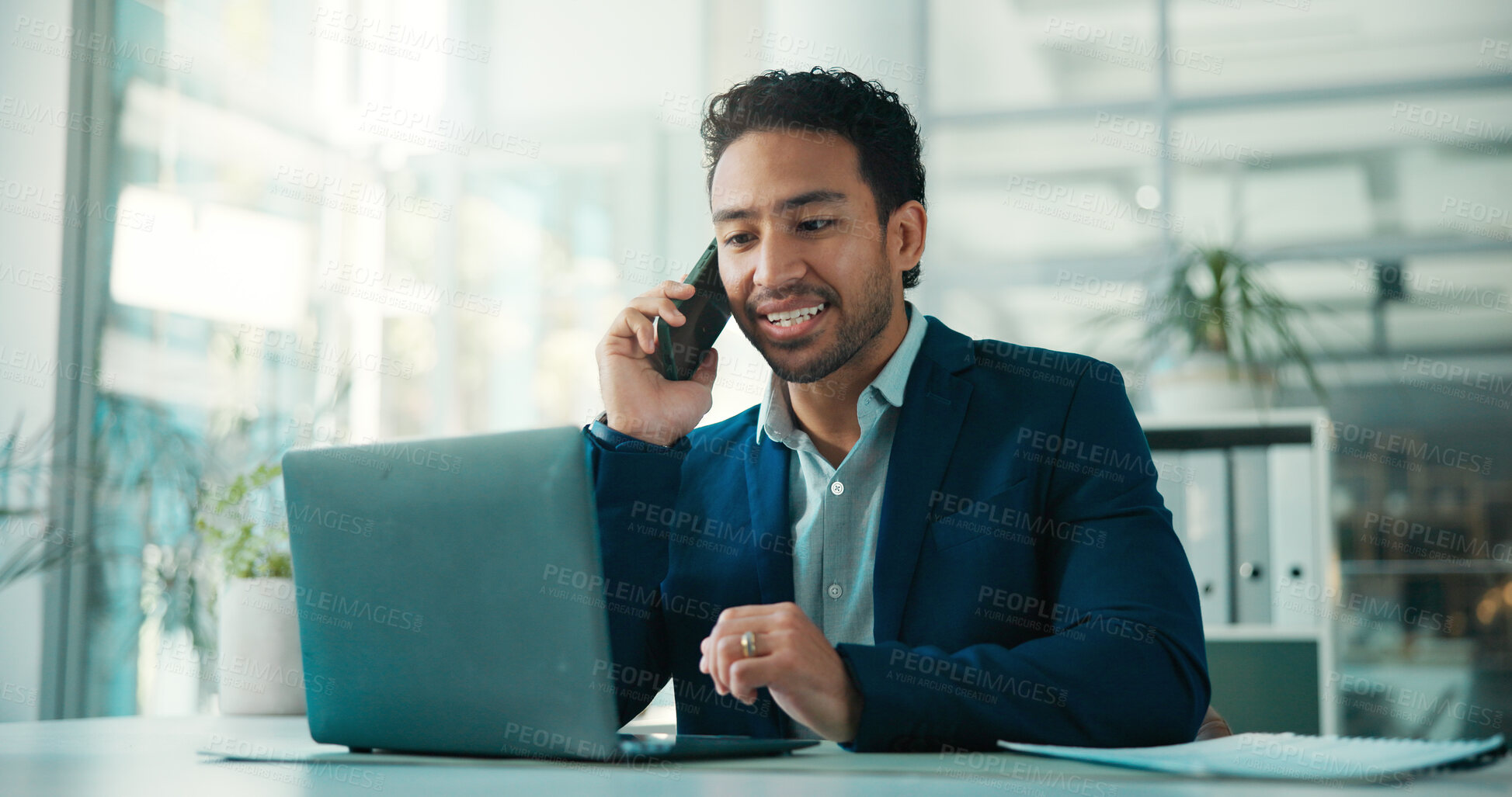 Buy stock photo Phone call, communication or man with laptop for consultation, verify details or application review update. Credit history, banking advice or loan officer talk for client options, evaluation or tech