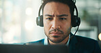 Headset, man or serious with laptop in call center for network resolution, troubleshooting or space. Bokeh, tech support specialist and online reading for system maintenance, problem solving and help