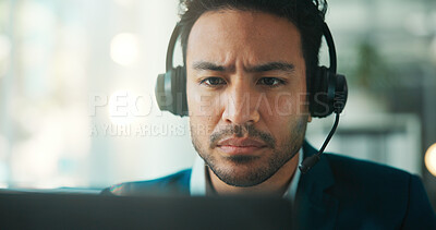 Buy stock photo Headset, man or serious with laptop in call center for network resolution, troubleshooting or space. Bokeh, tech support specialist and online reading for system maintenance, problem solving and help