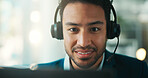 Consultant, headset and happy man in call center with computer, account balance or credit feedback. Customer service, agent and person with tech in office for banking support, financial help or loan