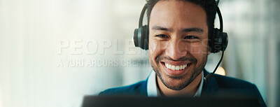 Buy stock photo Contact us, headset and happy man in call center with computer, account balance or banner space. Customer service, agent and person with tech for banking support, financial help or credit assistance
