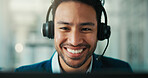 Telemarketing, headset and happy man in call center with computer, insurance sales or feedback. Telesales, agent and person with technology for lead generation, coverage offer and communication