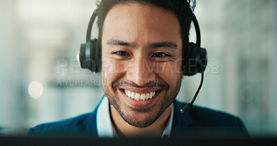 Buy stock photo Telemarketing, headset and happy man in call center with computer, insurance sales or feedback. Telesales, agent and person with technology for lead generation, coverage offer and communication