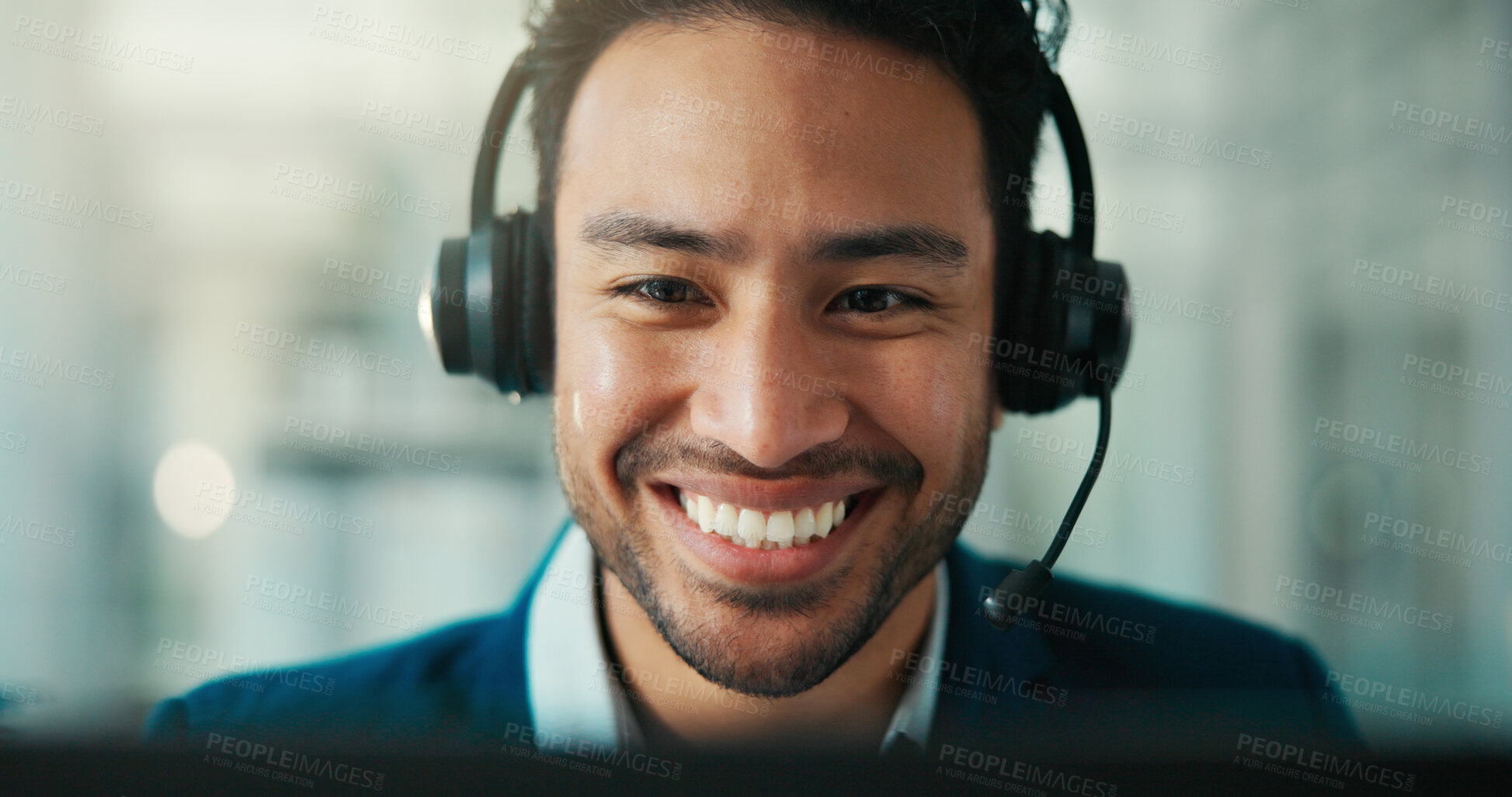 Buy stock photo Telemarketing, headset and happy man in call center with computer, insurance sales or feedback. Telesales, agent and person with technology for lead generation, coverage offer and communication
