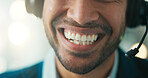 Mouth, man and smile with headset at call centre for consultation, customer service and finance crm. Closeup, bokeh and agent with mic for financial assistance, helping client and inquiry for payment