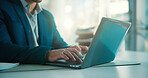 Hands, man and typing on laptop in office for reading market trends, client email or legal oversight. Finance manager, person or tech at agency for financial reporting, stakeholder feedback or update