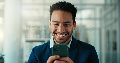 Buy stock photo Business, phone and smile with man in financial workplace for accounting or portfolio feedback. App, text message and investment management with finance broker in glass office for positive review