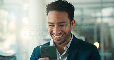 Buy stock photo Finance, phone and smile with business man in glass office for accounting or portfolio feedback. App, text message and investment management with broker in financial workplace for positive review