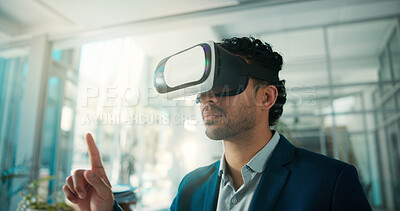 Buy stock photo VR, headset and man in office with point, concept development or testing of virtual prototype. Space, digital or graphic designer in agency with tech, idea modeling or ux review in product evaluation