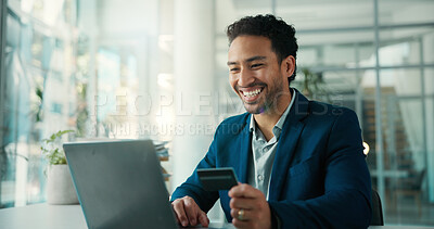 Buy stock photo Credit card, finance and laptop with business man at desk in glass office for stock market trading. Computer, investment and smile with happy broker in financial workplace for portfolio growth