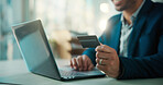 Credit card, hands and laptop with business man at desk in office for portfolio investment. Computer, payment and stock market trading with broker in financial workplace for purchase or transaction