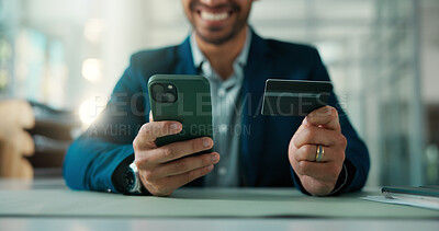 Buy stock photo Credit card, hands and phone with business man at desk in office for finance or stock market trading. App, mobile investment and portfolio management with broker in financial workplace for payment