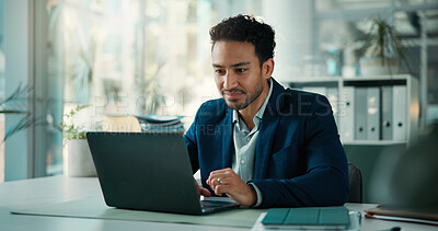 Buy stock photo Business, man and laptop with reading in office for budget review, monitor market trends or email. Finance manager, person or tech at agency for company risk management, report feedback or compliance