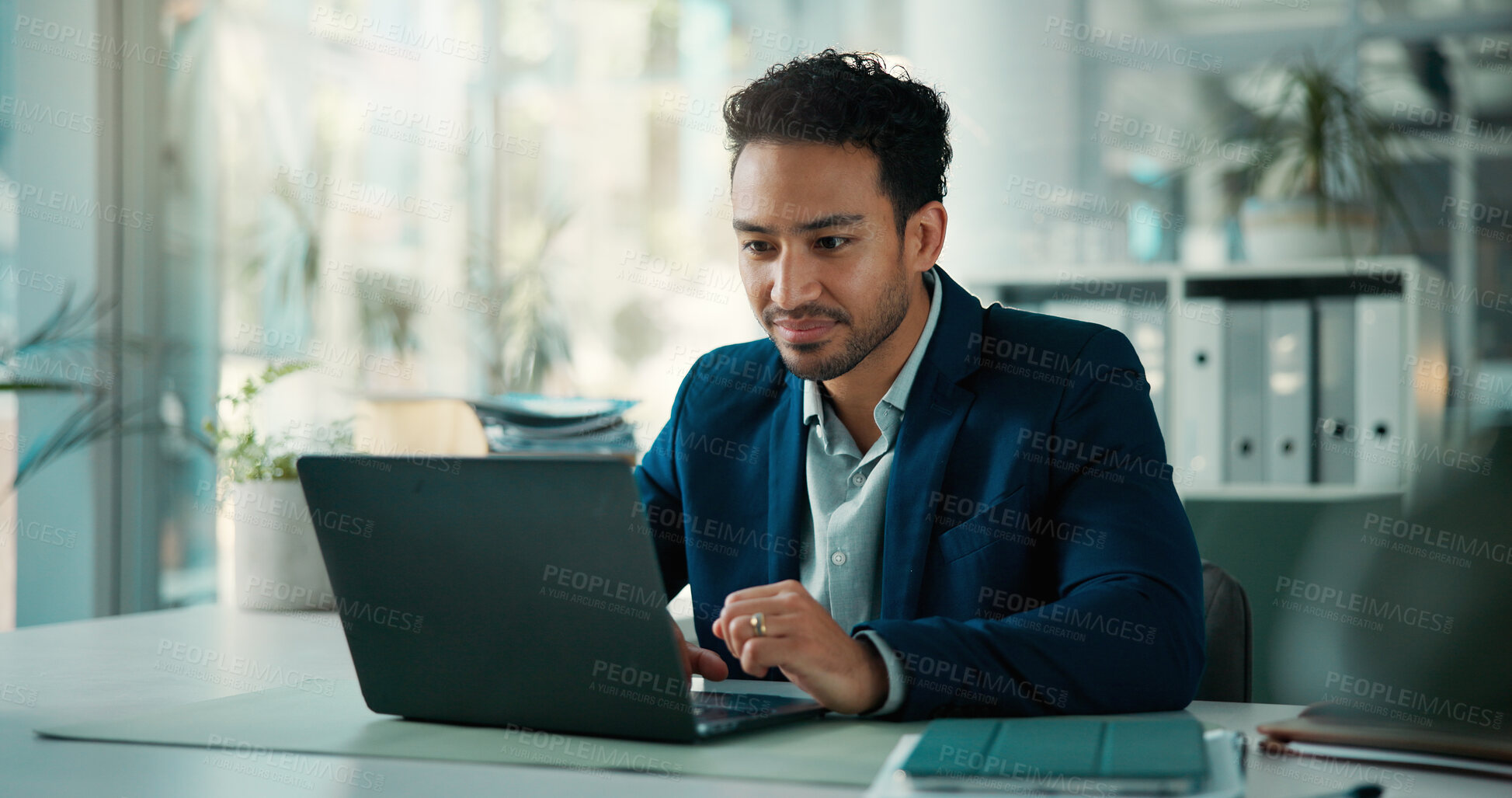 Buy stock photo Business, man and laptop with reading in office for budget review, monitor market trends or email. Finance manager, person or tech at agency for company risk management, report feedback or compliance