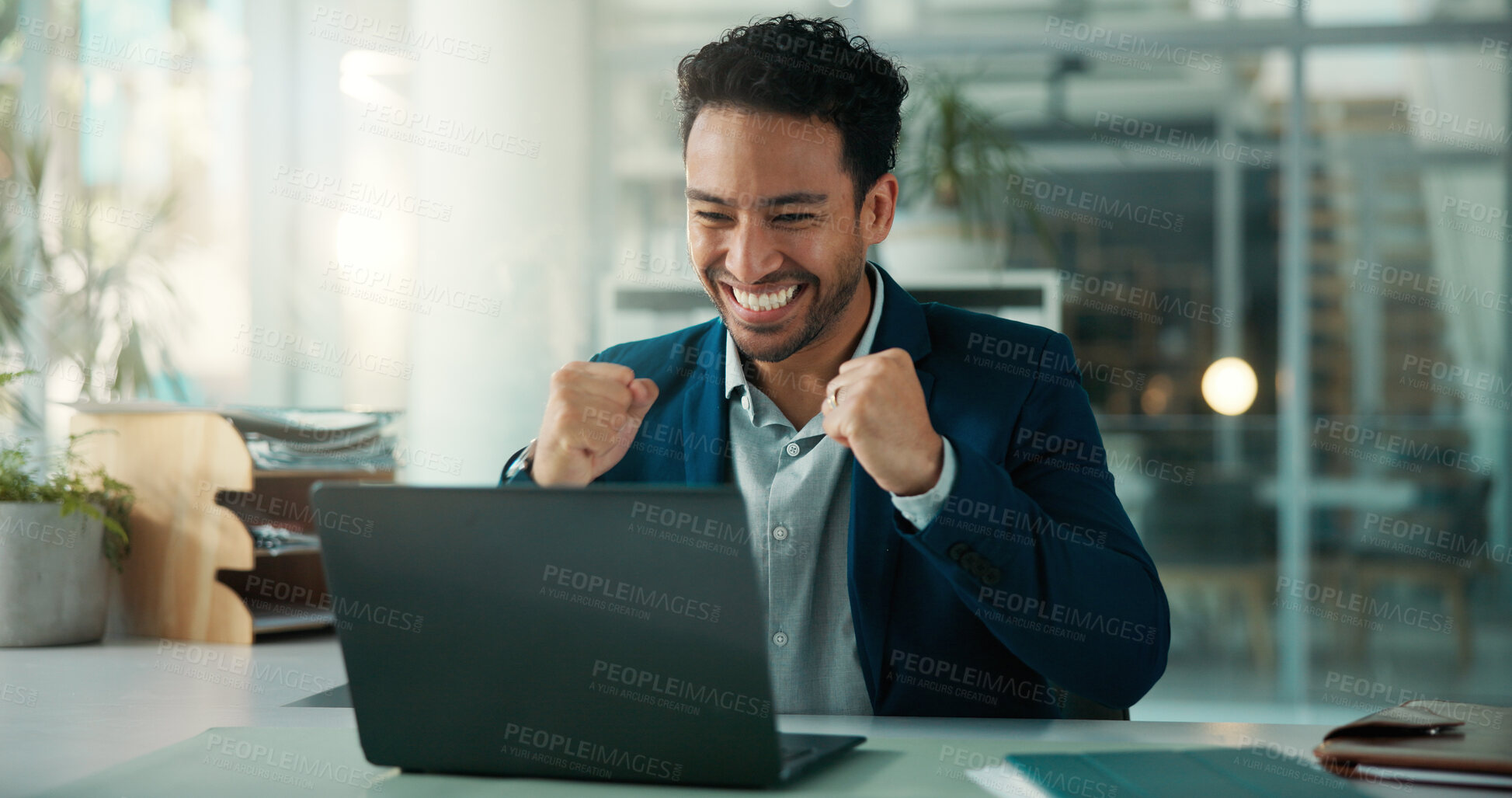 Buy stock photo Fist pump, investment and laptop with business man at desk in glass office for financial success. Computer, finance and victory with excited broker in workplace for portfolio or stock market target
