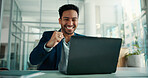 Fist pump, laptop and motivation with business man at desk in financial office for accounting success. Celebration, computer and investment management with finance broker at work for bonus or goals