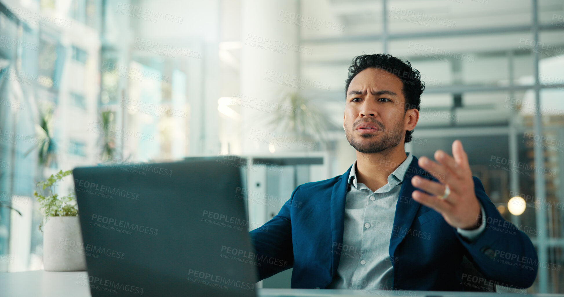 Buy stock photo Confused, employee and man with laptop, office and frustrated with financial loss or investment fail. Reading, digital report and stock market crash on website, upset and person with tech in business