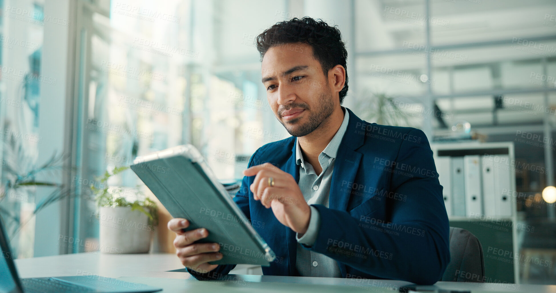 Buy stock photo Tablet, typing and reading with business man in office for finance report, investor research and planning. Account manager, portfolio advisor and trader with person in agency for online review