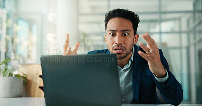 Buy stock photo Reading, shocked and man with laptop, office and frustrated with financial loss and investment fail. Review, digital report or stock market crash on website, surprise and person with tech in business