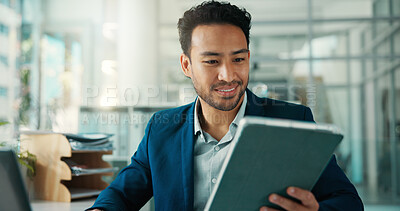 Buy stock photo Tablet, planning and reading with business man in office for finance report, investor research and smile. Account manager, portfolio advisor and trader with person in agency for online review