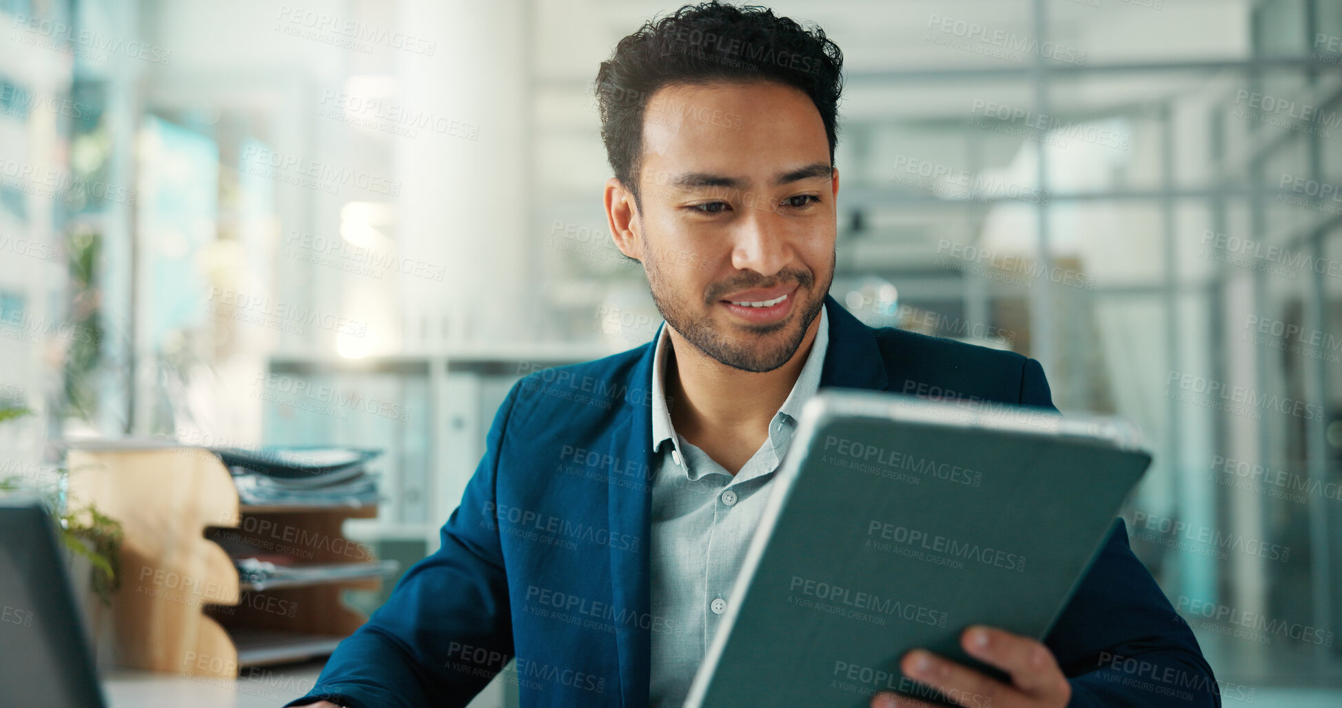 Buy stock photo Tablet, planning and reading with business man in office for finance report, investor research and smile. Account manager, portfolio advisor and trader with person in agency for online review