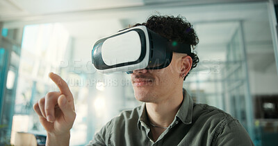 Buy stock photo VR headset, metaverse and business man click, press app or test game for development. Virtual reality, developer and person with futuristic tech for software, cyber gameplay and simulation in office