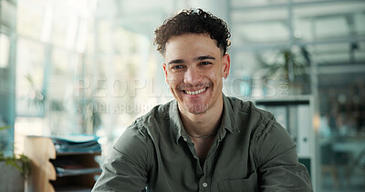 Buy stock photo Business, portrait and smile of designer man in office for about us, development or job satisfaction. Design, creative and startup with happy employee in workplace agency for artistic career