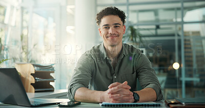 Buy stock photo Creative, portrait and smile of designer man in office for about us, development or job satisfaction. Business, design and startup with happy employee in workplace agency for artistic career