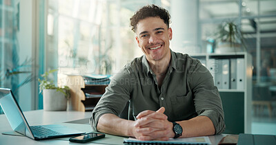 Buy stock photo Portrait, smile and startup with designer man in office for about us, development or job satisfaction. Business, creative and design with happy employee in workplace agency for artistic career