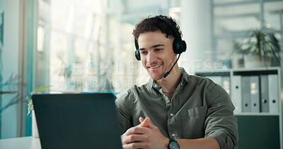 Buy stock photo Headset, discussion or man with laptop for video call, virtual meeting or financial feedback for client. Account strategy, tech or advisor with investment recommendation, online consultation or smile