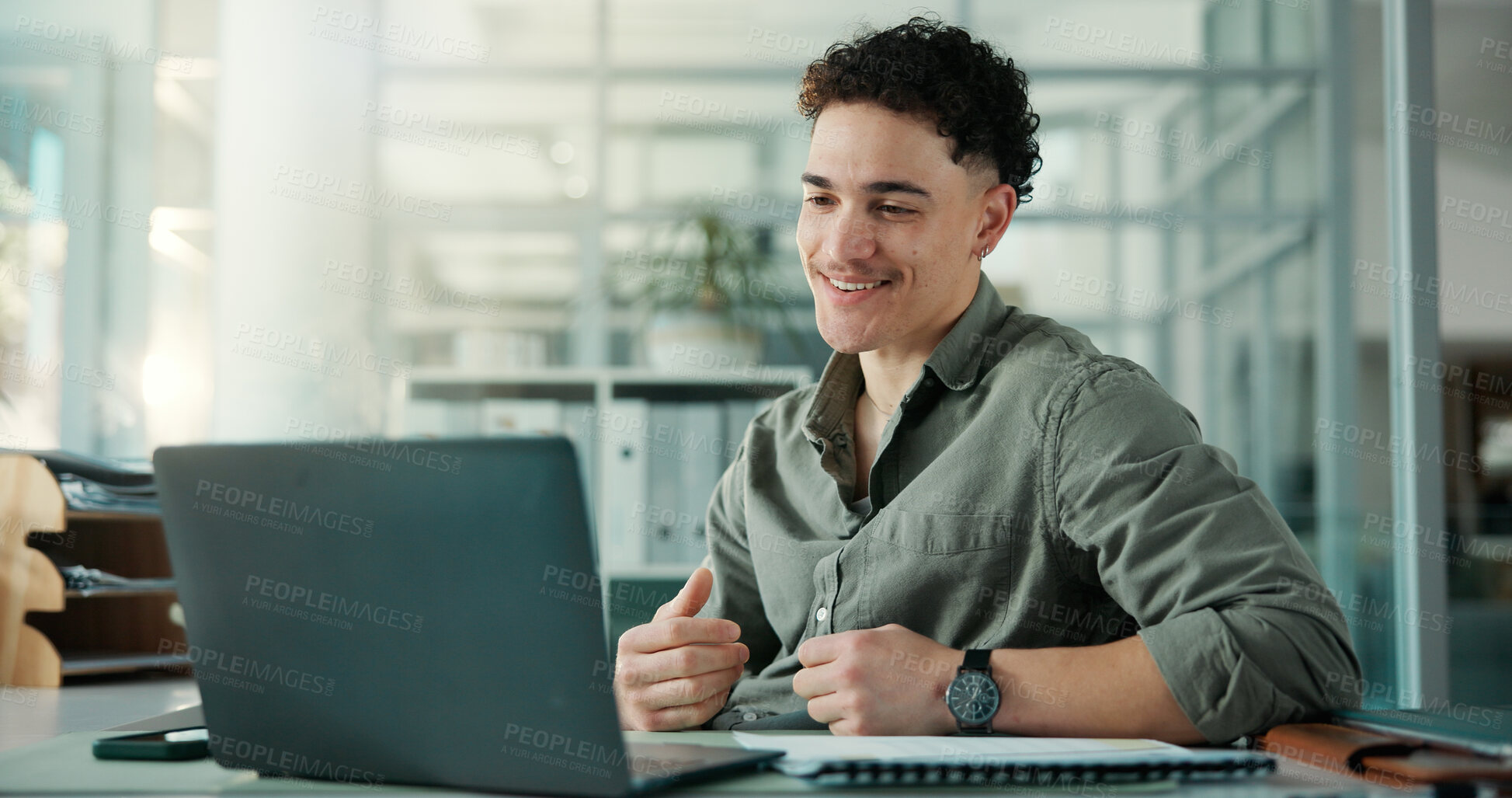 Buy stock photo Happy, man and reading in office with laptop for social media marketing, campaign upload or report. Person, smile and review with computer for digital advertising, project launch or brand management.