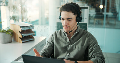 Buy stock photo Headset, talking or man with laptop for video call, virtual meeting or financial feedback for client. Account strategy, tech or advisor with investment recommendation, online consultation or office