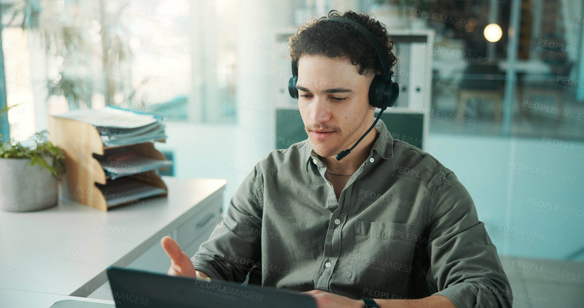 Buy stock photo Headset, talking or man with laptop for video call, virtual meeting or financial feedback for client. Account strategy, tech or advisor with investment recommendation, online consultation or office