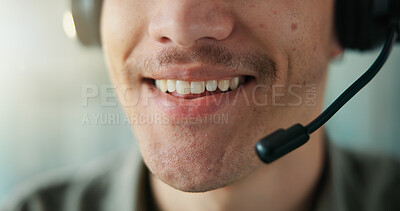 Buy stock photo Mouth, man and happy with headset at call centre for consultation, customer service and finance crm. Closeup, smile and agent with mic for financial assistance, helping client and inquiry for payment