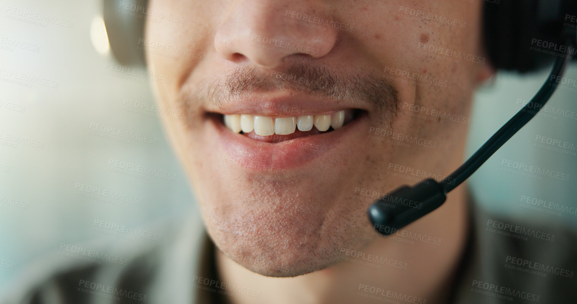 Buy stock photo Mouth, man and happy with headset at call centre for consultation, customer service and finance crm. Closeup, smile and agent with mic for financial assistance, helping client and inquiry for payment
