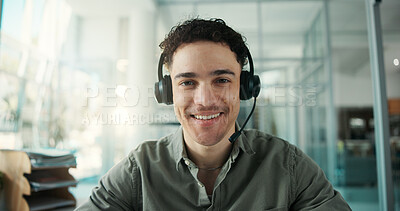 Buy stock photo Portrait, headset and call center with business man in office for virtual advisor, help desk and communication. Consultant pov, technical support agent and smile with person in agency as operator